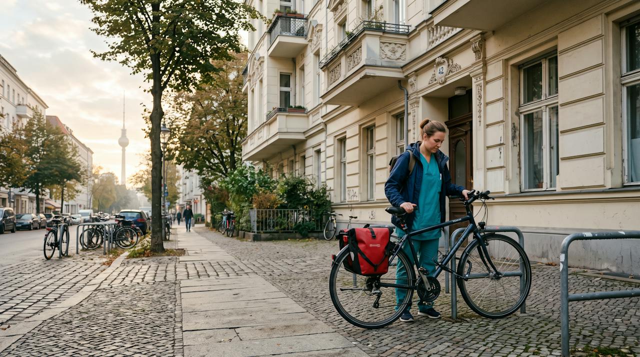 Pflegekraft schließt ihr Fahrrad vor einem Altbau in Prenzlauer Berg ab, im Hintergrund der Fernsehturm