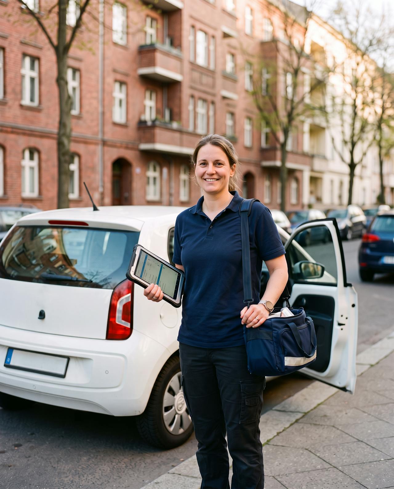 Pflegekraft mit Tablet und Pflegetasche neben einem Dienstwagen in einer Wohnstraße