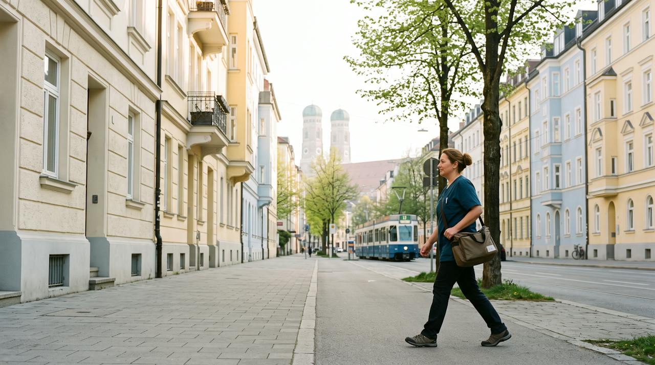 Pflegekraft mit Pflegetasche vor Altbauten in Schwabing, im Hintergrund die Türme der Frauenkirche