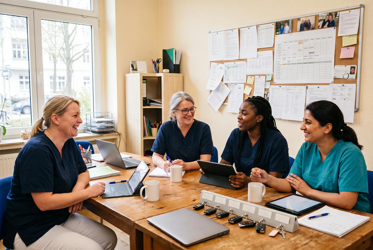 Team eines ambulanten Pflegedienstes bei der Morgenübergabe im Büro
